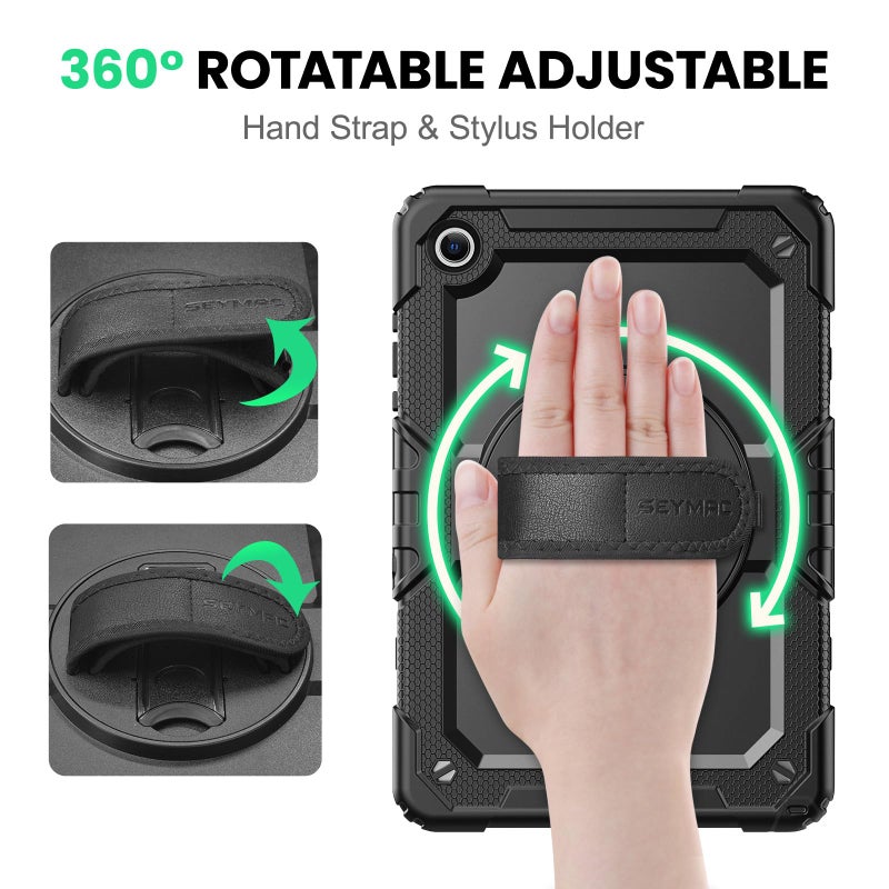 SEYMAC Case for Samsung Galaxy Tab A11+ Plus / A9+ Plus 11" 2026/2024, Heavy Duty Shockproof Protective Case with Screen Protector, Rotating Stand and Hand/Shoulder Strap, Black - Image 3