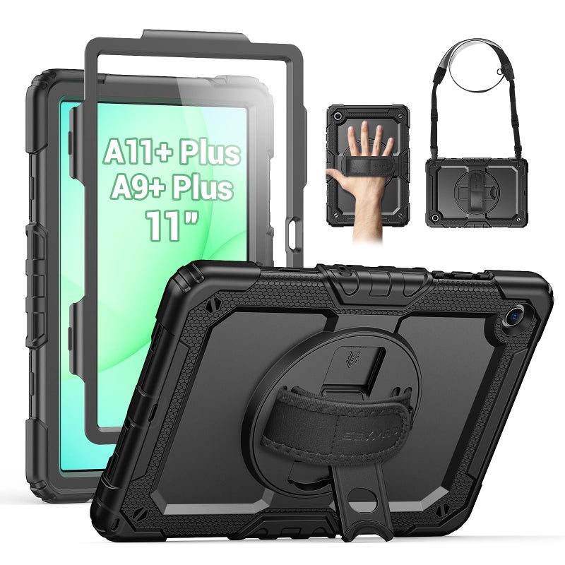 SEYMAC Case for Samsung Galaxy Tab A11+ Plus / A9+ Plus 11" 2026/2024, Heavy Duty Shockproof Protective Case with Screen Protector, Rotating Stand and Hand/Shoulder Strap, Black - Image 1