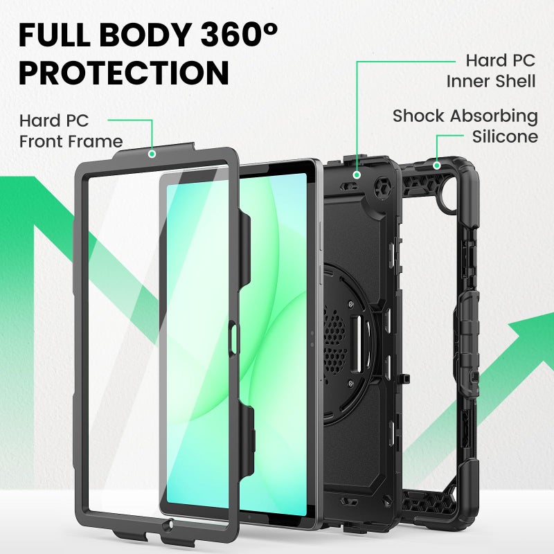 SEYMAC Case for Samsung Galaxy Tab A11+ Plus / A9+ Plus 11" 2026/2024, Heavy Duty Shockproof Protective Case with Screen Protector, Rotating Stand and Hand/Shoulder Strap, Black - Image 5