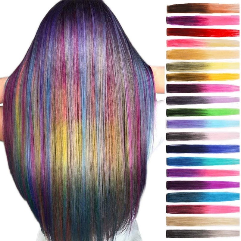 WHISKET Clip in Hair Extensions Colored Hair Extensions Party Highlights Long Straight Synthetic Hairpieces for Women Kids Girls PACK OF 10 - Image 1