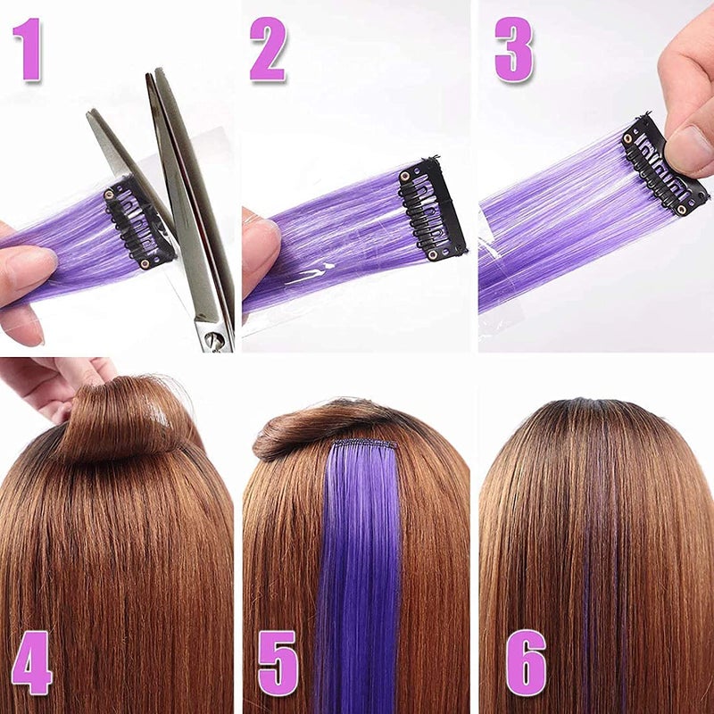 WHISKET Clip in Hair Extensions Colored Hair Extensions Party Highlights Long Straight Synthetic Hairpieces for Women Kids Girls PACK OF 10 - Image 2