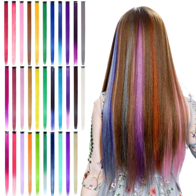 WHISKET Clip in Hair Extensions Colored Hair Extensions Party Highlights Long Straight Synthetic Hairpieces for Women Kids Girls PACK OF 10 - Image 5