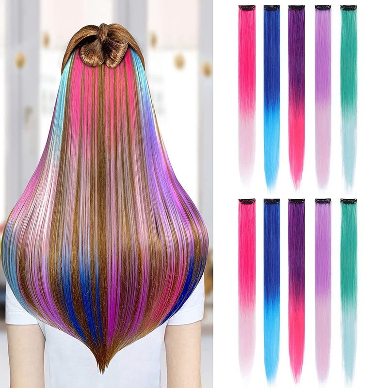 WHISKET Clip in Hair Extensions Colored Hair Extensions Party Highlights Long Straight Synthetic Hairpieces for Women Kids Girls PACK OF 10 - Image 3
