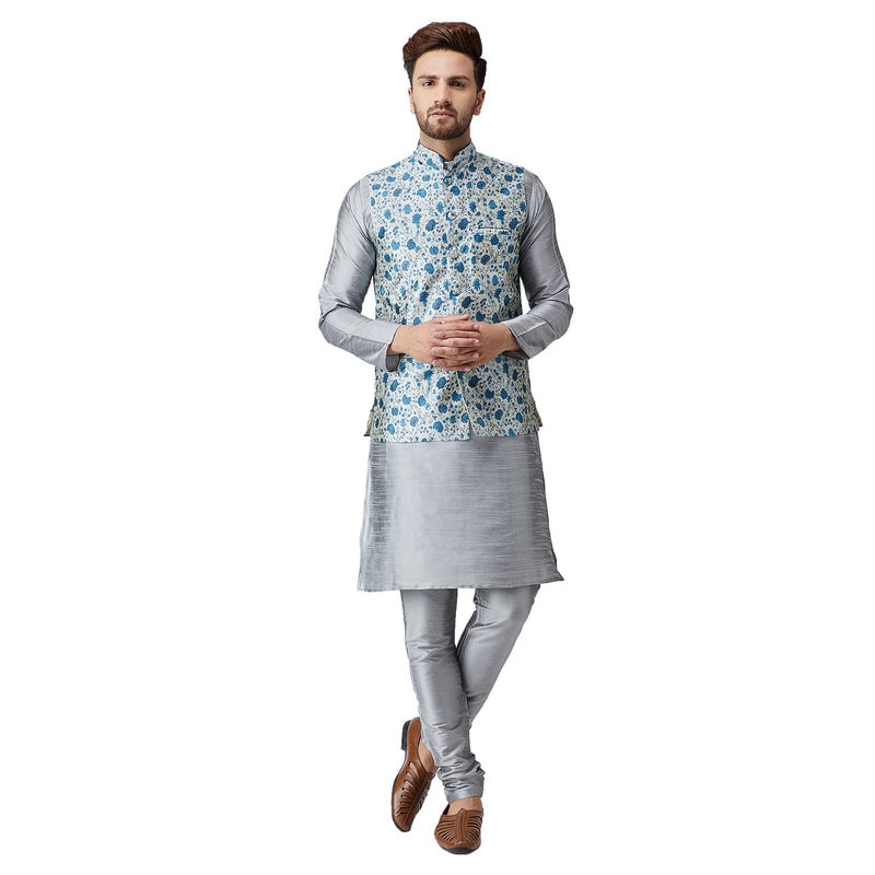 SOJANYA (Since 1958 Men's Silk Grey Kurta Pyjama & Blue Printed Nehru Jacket Set Size XXL - Image 5