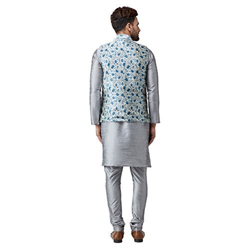 SOJANYA (Since 1958 Men's Silk Grey Kurta Pyjama & Blue Printed Nehru Jacket Set Size XXL - Image 3