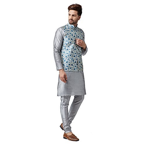 SOJANYA (Since 1958 Men's Silk Grey Kurta Pyjama & Blue Printed Nehru Jacket Set Size XXL - Image 4