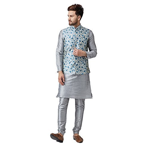 SOJANYA (Since 1958 Men's Silk Grey Kurta Pyjama & Blue Printed Nehru Jacket Set Size XXL - Image 2