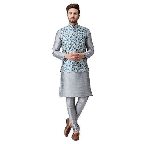SOJANYA (Since 1958 Men's Silk Grey Kurta Pyjama & Blue Printed Nehru Jacket Set Size XXL - Image 1