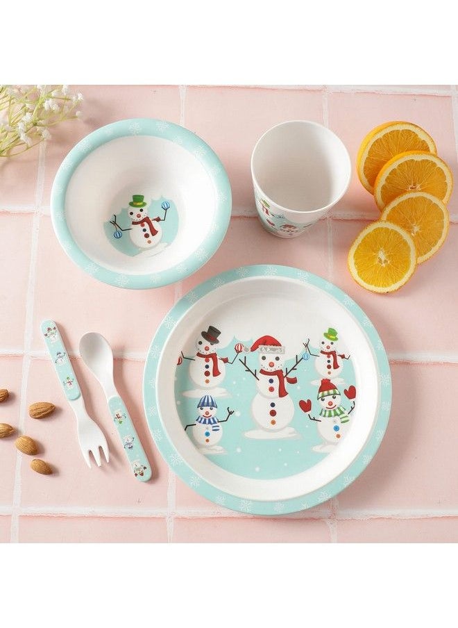 VoiDrop - Baby Tableware Toddler Kids Self Feeding Baby Melamine Kids Set 5Pieces (1 X Plate 1 X Bowl 1 X Glass 1 X Spoon 1 X Fork)Snow Man Design - Image 1