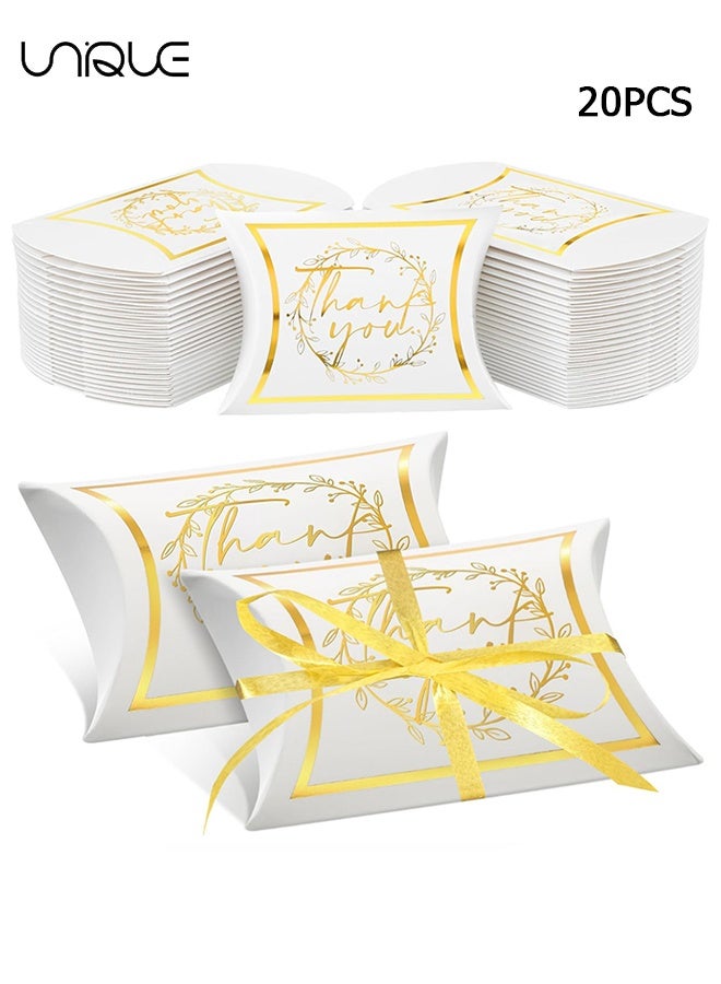 Unique 20 Pcs Thank You Pillow Boxes - 3.5x2.6x1 Inch Small Wedding Favor Pillow Gift Boxes - Thank You Candy Favor Treat Bag for Wedding Bridal Shower Baby Shower Birthday Party - Send Gold Ribbon (White/Gold) - Image 1