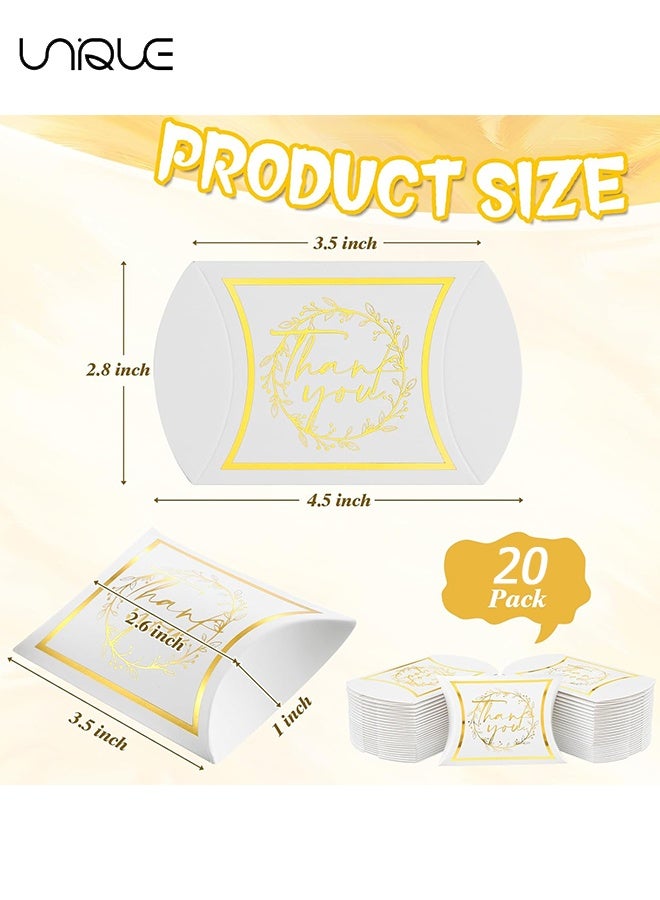 Unique 20 Pcs Thank You Pillow Boxes - 3.5x2.6x1 Inch Small Wedding Favor Pillow Gift Boxes - Thank You Candy Favor Treat Bag for Wedding Bridal Shower Baby Shower Birthday Party - Send Gold Ribbon (White/Gold) - Image 2