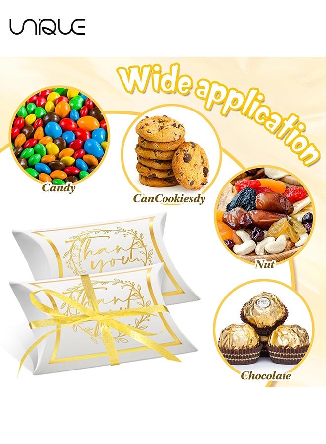 Unique 20 Pcs Thank You Pillow Boxes - 3.5x2.6x1 Inch Small Wedding Favor Pillow Gift Boxes - Thank You Candy Favor Treat Bag for Wedding Bridal Shower Baby Shower Birthday Party - Send Gold Ribbon (White/Gold) - Image 3