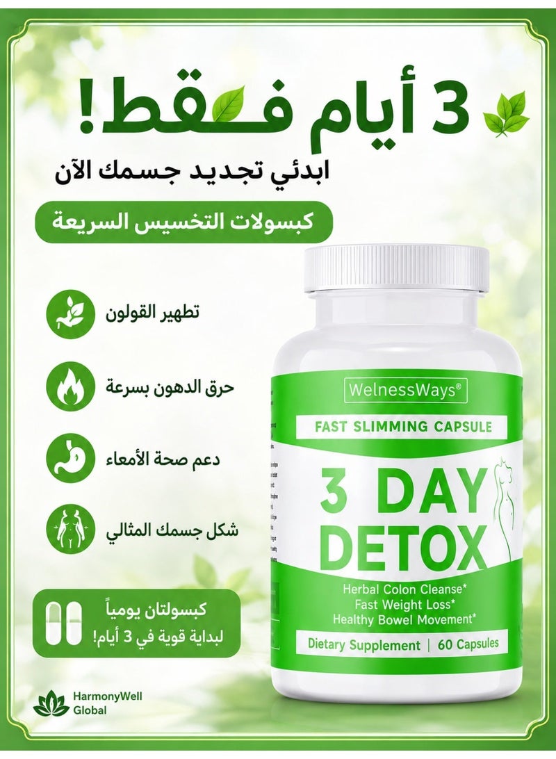 WelnessWays 3-Day Fast-Acting Detox & Slimming Capsules | Herbal Colon Cleanse + Rapid Fat Burning | 60 Capsules Dietary Supplement - Image 1