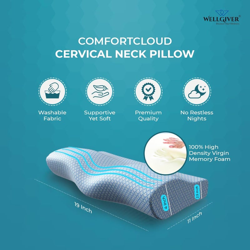 WELLGIVER WELLGIVER Cervical Memory Foam Pillow for Neck Pain | 2 Year Warranty | 19 x 11 x 4 Inch Standard | Orthopedic Pillow Spondylitis Neck & Shoulder Pain | Washable Jacquard Blue Cover | Pack of 1 - Image 2