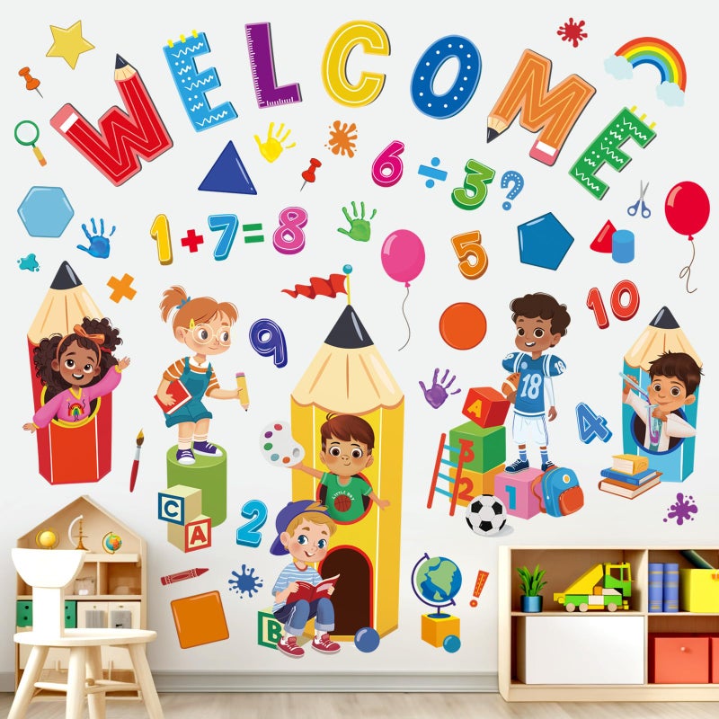 wondever Reading Corner Kids Pencils Wall Stickers Equality Theme Numbers Shapes Peel and Stick Wall Art Decals for Classroom Playroom Kids Room - Image 3