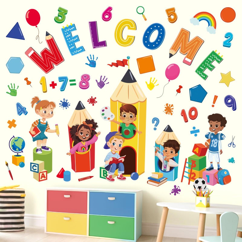 wondever Reading Corner Kids Pencils Wall Stickers Equality Theme Numbers Shapes Peel and Stick Wall Art Decals for Classroom Playroom Kids Room - Image 1