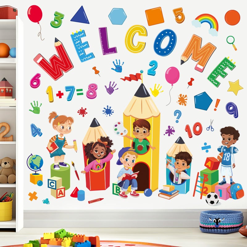 wondever Reading Corner Kids Pencils Wall Stickers Equality Theme Numbers Shapes Peel and Stick Wall Art Decals for Classroom Playroom Kids Room - Image 2