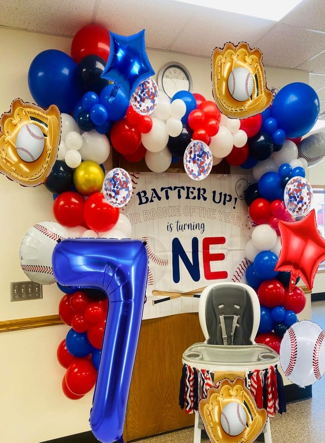 HEPAPATE Baseball Birthday Party Balloons, 32 Inch Navy Blue Foil Number 7 Balloon, Baseball Glove Foil Balloon, Red Blue Star Confetti Balloon for 7th Birthday Sports Theme Party Supplies - Image 5