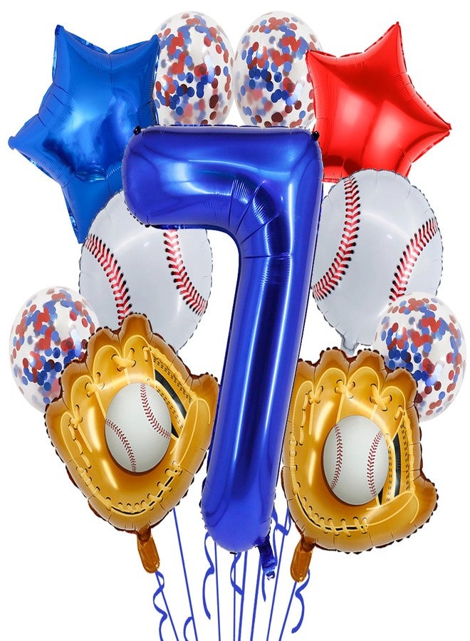 HEPAPATE Baseball Birthday Party Balloons, 32 Inch Navy Blue Foil Number 7 Balloon, Baseball Glove Foil Balloon, Red Blue Star Confetti Balloon for 7th Birthday Sports Theme Party Supplies - Image 1