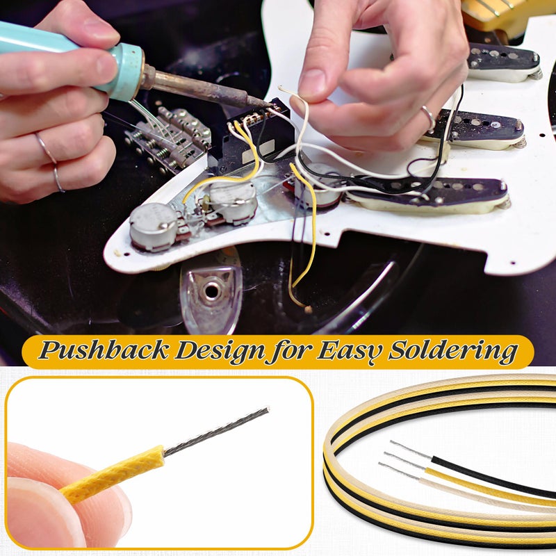 Enhon 30FT Cloth Covered Pushback Guitar Wire Set, Vintage Style Waxed Braided Guitar Wiring Kit, 22AWG Pre-tinned Stranded Copper Wire for Electric Guitars (10ft Black/White/Yellow) - Image 4