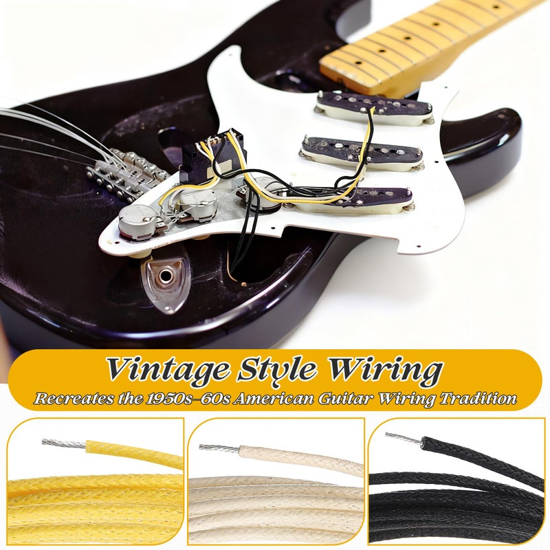 Enhon 30FT Cloth Covered Pushback Guitar Wire Set, Vintage Style Waxed Braided Guitar Wiring Kit, 22AWG Pre-tinned Stranded Copper Wire for Electric Guitars (10ft Black/White/Yellow) - Image 2