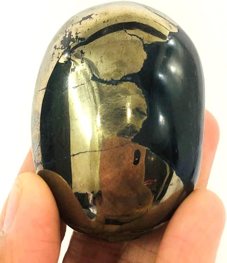 CRYSTALMIRACLE Natural Golden Pyrite Oval PalmStone Polished Gemstone Crystal Healing Gift Meditation Psychic Energy Power Wellness Handcrafted