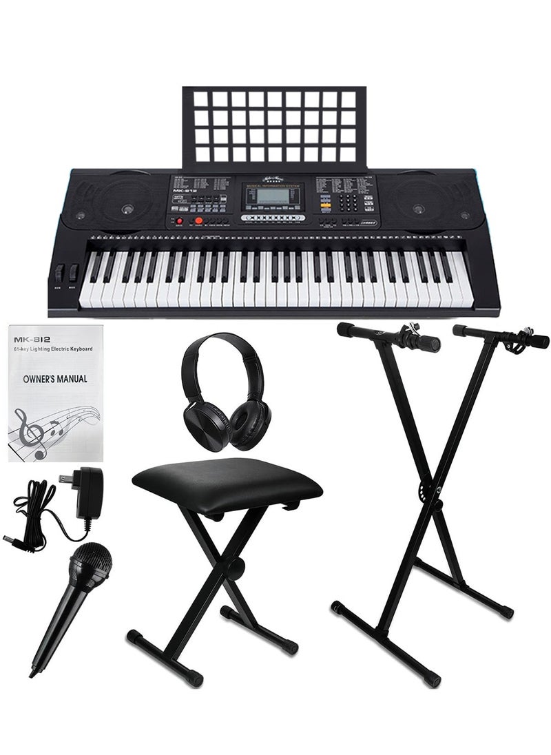 Mike Music 61 Key Keyboard Piano Full Set MK812 Professional Electronic Keyboard Digital Piano Electronic Organ  with Sheet Music Stand, Power Supply, Keyboard Stand, Piano Bench, Headphone, Microphone  - Image 1