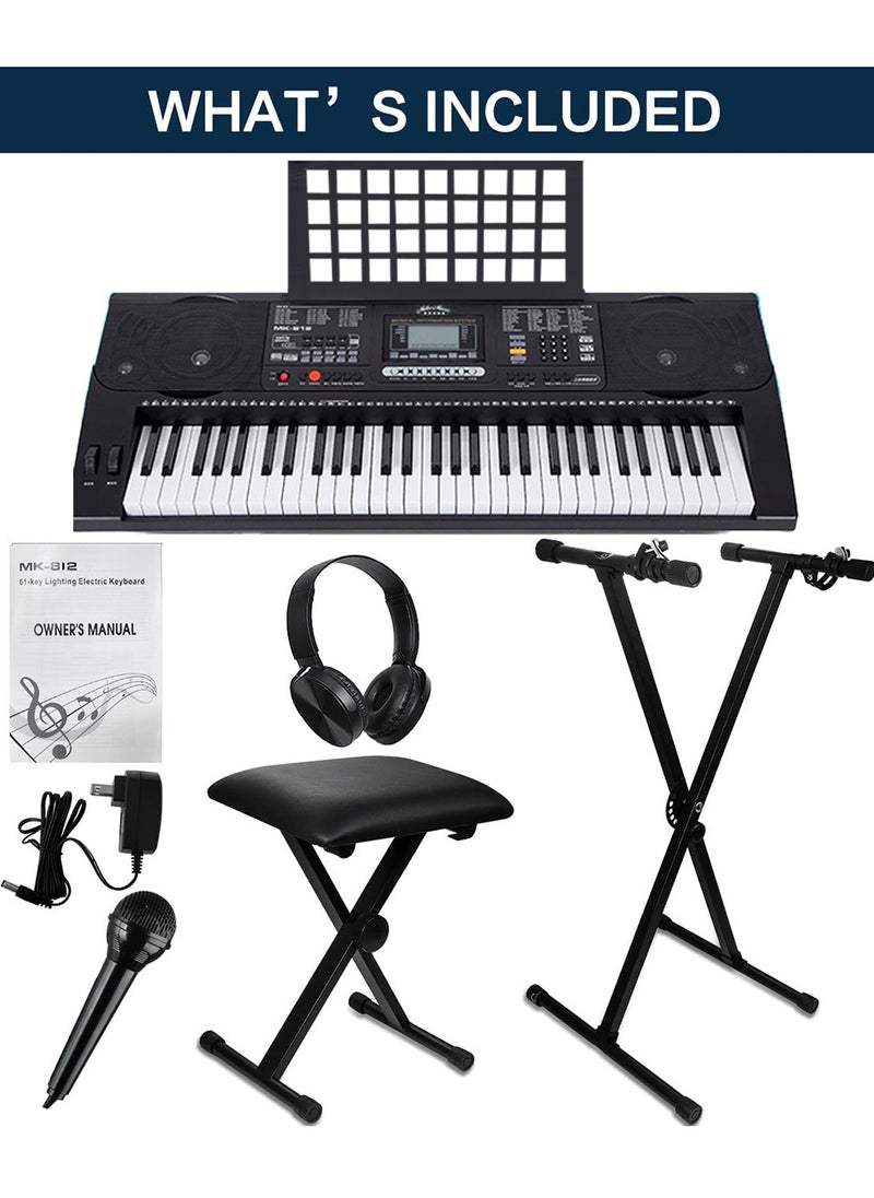 Mike Music 61 Key Keyboard Piano Full Set MK812 Professional Electronic Keyboard Digital Piano Electronic Organ  with Sheet Music Stand, Power Supply, Keyboard Stand, Piano Bench, Headphone, Microphone  - Image 3