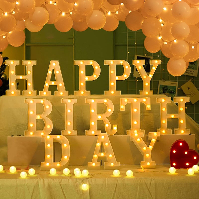 GPUSFAK GPUSFAK 138pcs Happy Birthday Marquee Light Up Letters LED Letter Number Light Sign with Round Light Balloons Decoration for Birthday Home Table Decor White