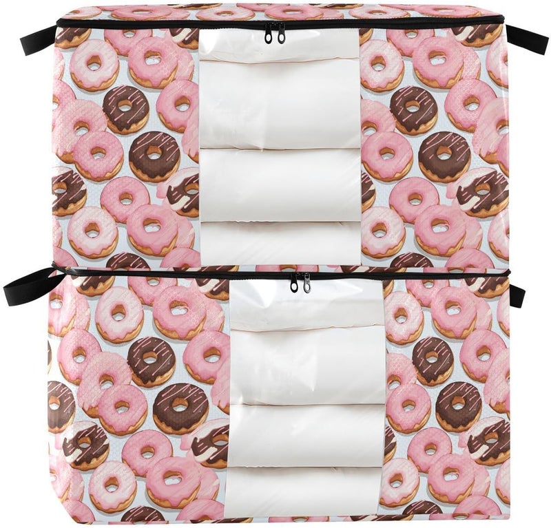 2 Pack Clothes Storage Bags Pink Chocolate Donut Pattern Blanket Storage Containers Clear Window Closet Organizer Fabric Storage Bin For Clothing Bedding Comforter Pillow 90l Multicolor 60L - Image 1