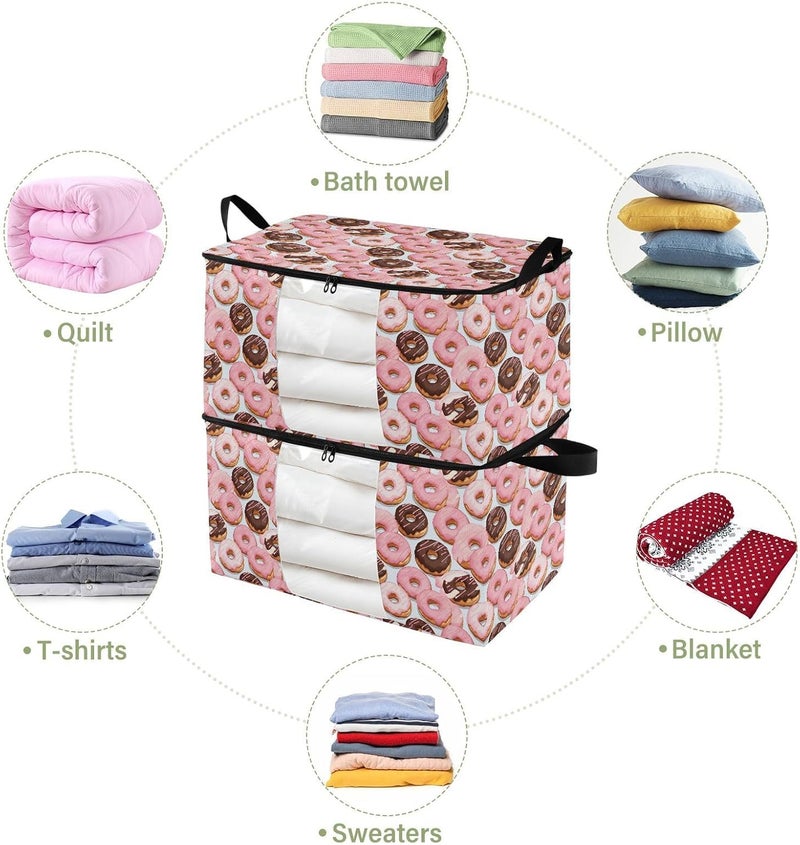 2 Pack Clothes Storage Bags Pink Chocolate Donut Pattern Blanket Storage Containers Clear Window Closet Organizer Fabric Storage Bin For Clothing Bedding Comforter Pillow 90l Multicolor 60L - Image 4