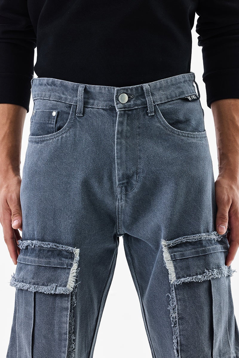 Snitch Revolution Grey Distressed Baggy Fit Cargo Jeans - Image 4
