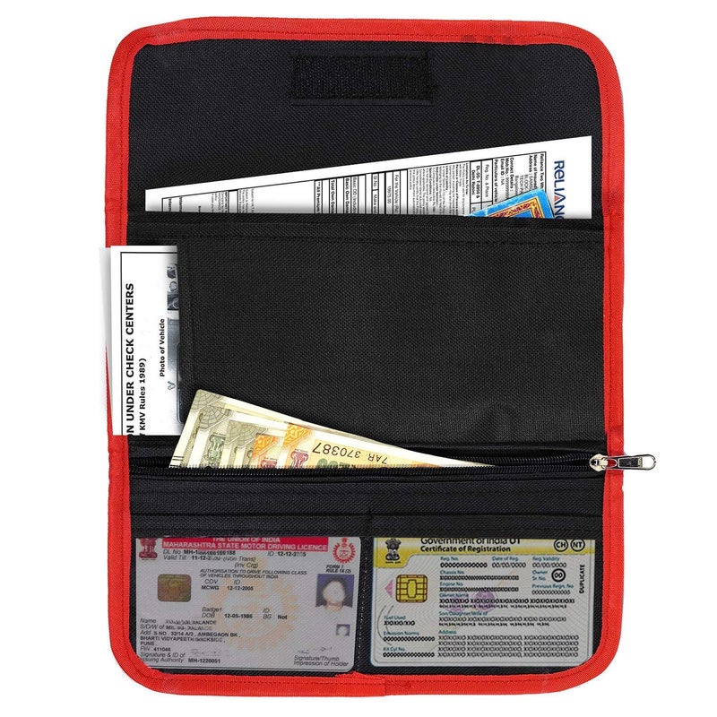 DAHSHA Nylon Two Wheeler/Car Document Holder, Vehicle Document Professional Storage Wallet For Registration & Insurance Card, Driving Licence, Rc Book, Puc (Red/Black-25.5 X 12 Cm) - Image 1