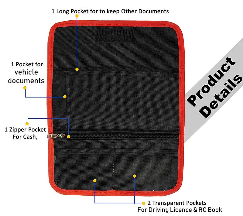DAHSHA Nylon Two Wheeler/Car Document Holder, Vehicle Document Professional Storage Wallet For Registration & Insurance Card, Driving Licence, Rc Book, Puc (Red/Black-25.5 X 12 Cm) - Image 3