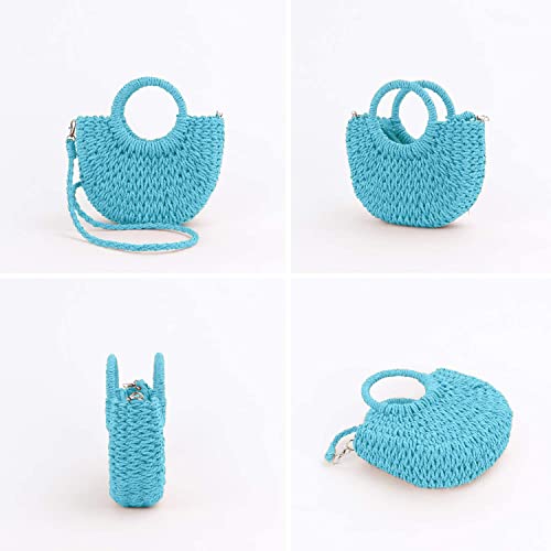 QTKJ Mini Semi-circle Rattan Straw Handbag, Women Summer Retro Straw Tote Shoulder Crossbody Beach Bag (Blue) - Image 3