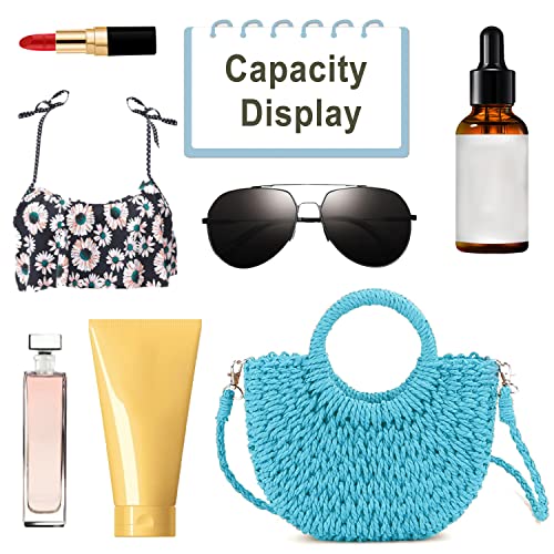 QTKJ Mini Semi-circle Rattan Straw Handbag, Women Summer Retro Straw Tote Shoulder Crossbody Beach Bag (Blue) - Image 5