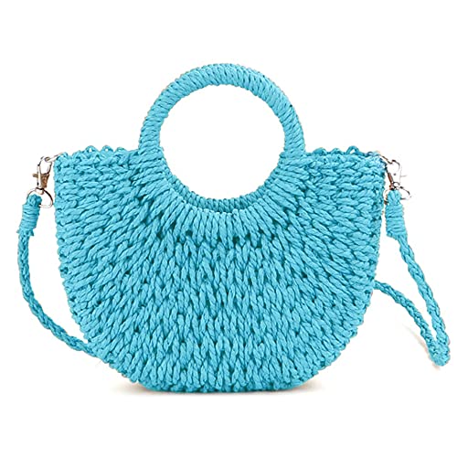 QTKJ Mini Semi-circle Rattan Straw Handbag, Women Summer Retro Straw Tote Shoulder Crossbody Beach Bag (Blue) - Image 1