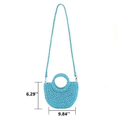 QTKJ Mini Semi-circle Rattan Straw Handbag, Women Summer Retro Straw Tote Shoulder Crossbody Beach Bag (Blue) - Image 2