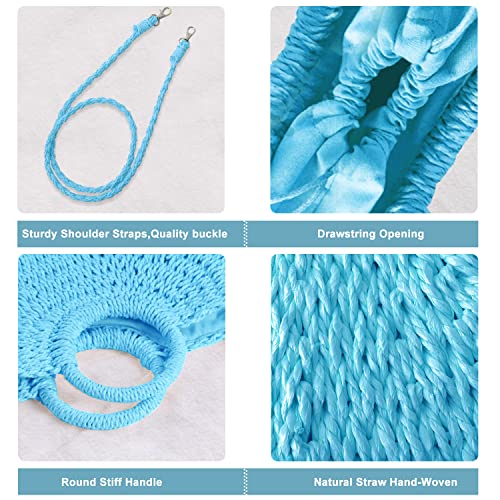 QTKJ Mini Semi-circle Rattan Straw Handbag, Women Summer Retro Straw Tote Shoulder Crossbody Beach Bag (Blue) - Image 4