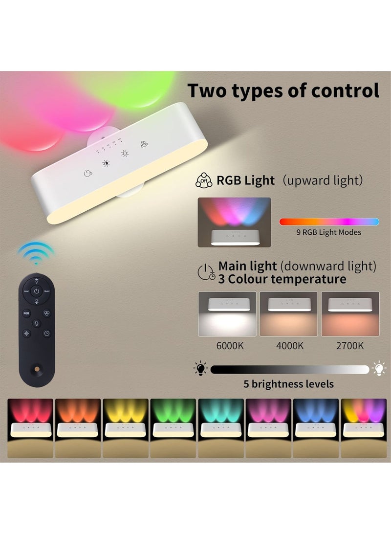 LOOPITYS LED Wall Lights with Remote, Rechargeable Wall Mounted Sconces with 2200mAh Battery,night light 3 Colors Temp & 9 RGB Ambient Sconce, 360° Rotation Cordless Wall Mounted Lamp for Bedroom (White) - Image 2