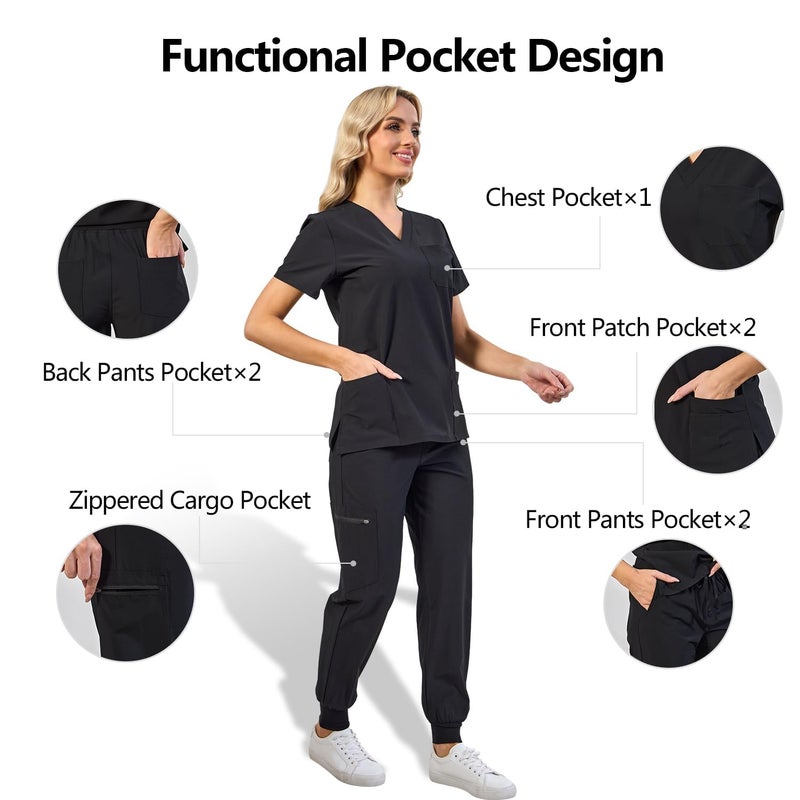 Naivlizer Scrub Set for Women V-Neck Top & Jogger Pants Medical Uniform Suits with 9 Pockets - Image 3