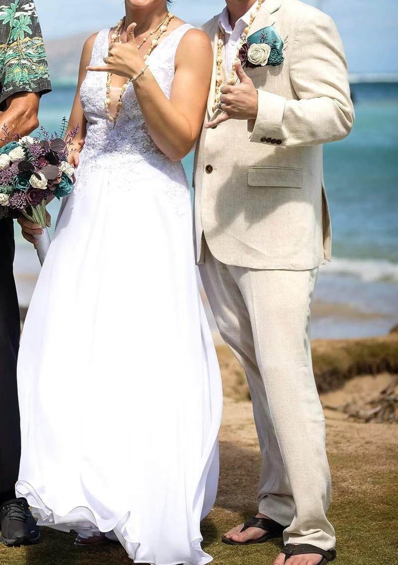 Bofan Men's 2 Piece Linen Suit Casual Slim Fit Beach Wedding Suit Set Beige Groomsmen Tuxedo Blazer Pants XL - Image 4