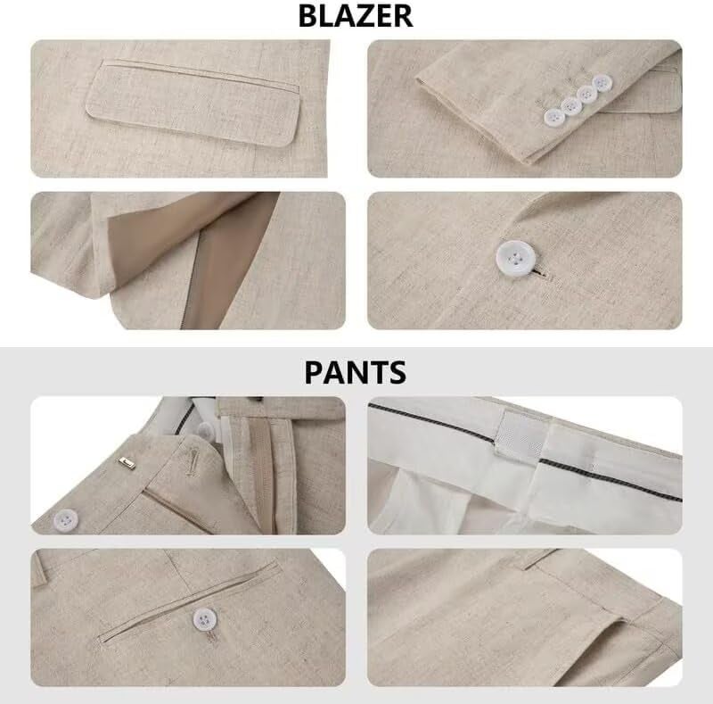 Bofan Men's 2 Piece Linen Suit Casual Slim Fit Beach Wedding Suit Set Beige Groomsmen Tuxedo Blazer Pants XL - Image 2