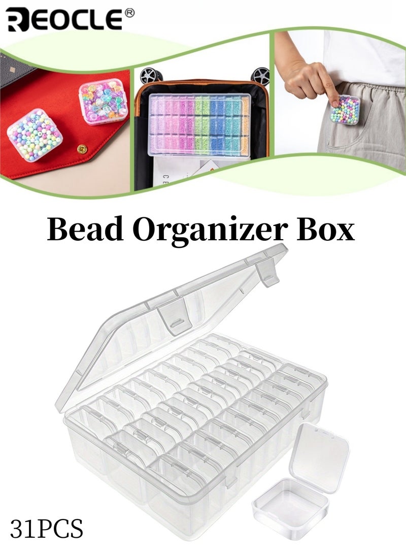 ريوكل مجموعة منظّم الخرز بـ 30 علبة بلاستيكية وتصميم غطاء مفصلي - حاويات تخزين شفافة بأقسام مستطيلة لتنظيم مستلزمات الحرف - Image 1