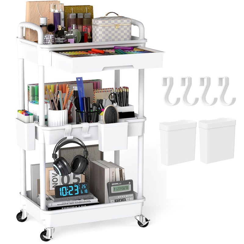 LLMRR 3 Tier Rolling Utility Cart with Drawer, Plastic Storage Organizer Rolling Carts with Wheels Handles Hanging Cups Hooks for Office, Bathroom, Kitchen,Craft Art Room (White) - Image 1