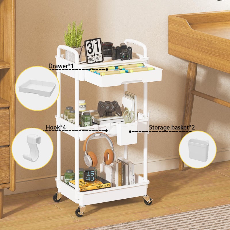 LLMRR 3 Tier Rolling Utility Cart with Drawer, Plastic Storage Organizer Rolling Carts with Wheels Handles Hanging Cups Hooks for Office, Bathroom, Kitchen,Craft Art Room (White) - Image 3