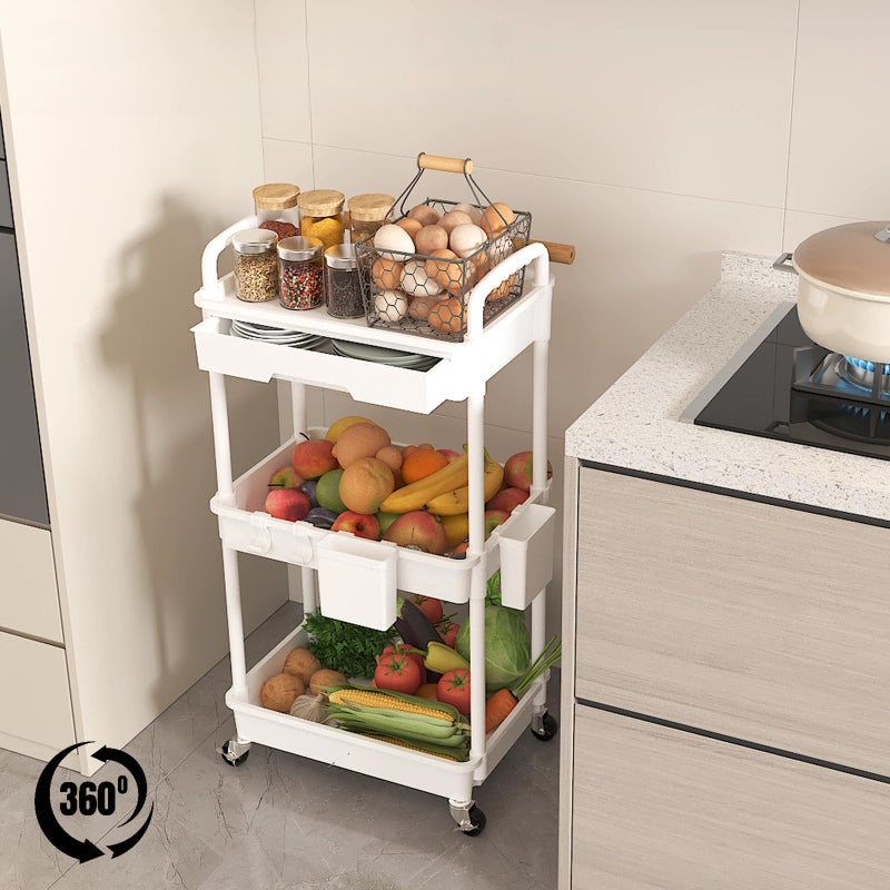 LLMRR 3 Tier Rolling Utility Cart with Drawer, Plastic Storage Organizer Rolling Carts with Wheels Handles Hanging Cups Hooks for Office, Bathroom, Kitchen,Craft Art Room (White) - Image 4