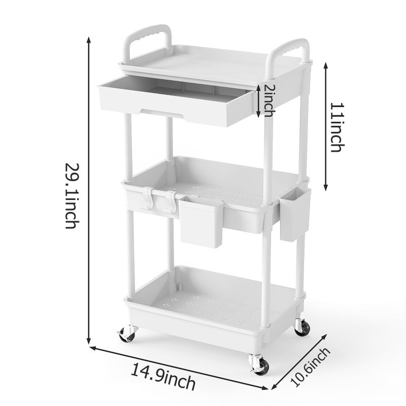 LLMRR 3 Tier Rolling Utility Cart with Drawer, Plastic Storage Organizer Rolling Carts with Wheels Handles Hanging Cups Hooks for Office, Bathroom, Kitchen,Craft Art Room (White) - Image 2