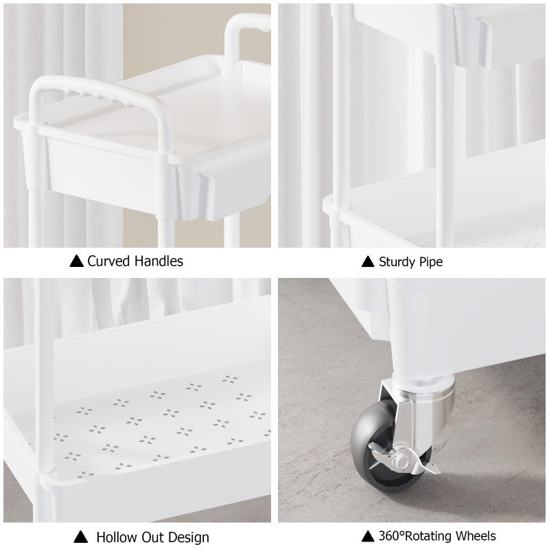 LLMRR 3 Tier Rolling Utility Cart with Drawer, Plastic Storage Organizer Rolling Carts with Wheels Handles Hanging Cups Hooks for Office, Bathroom, Kitchen,Craft Art Room (White) - Image 5