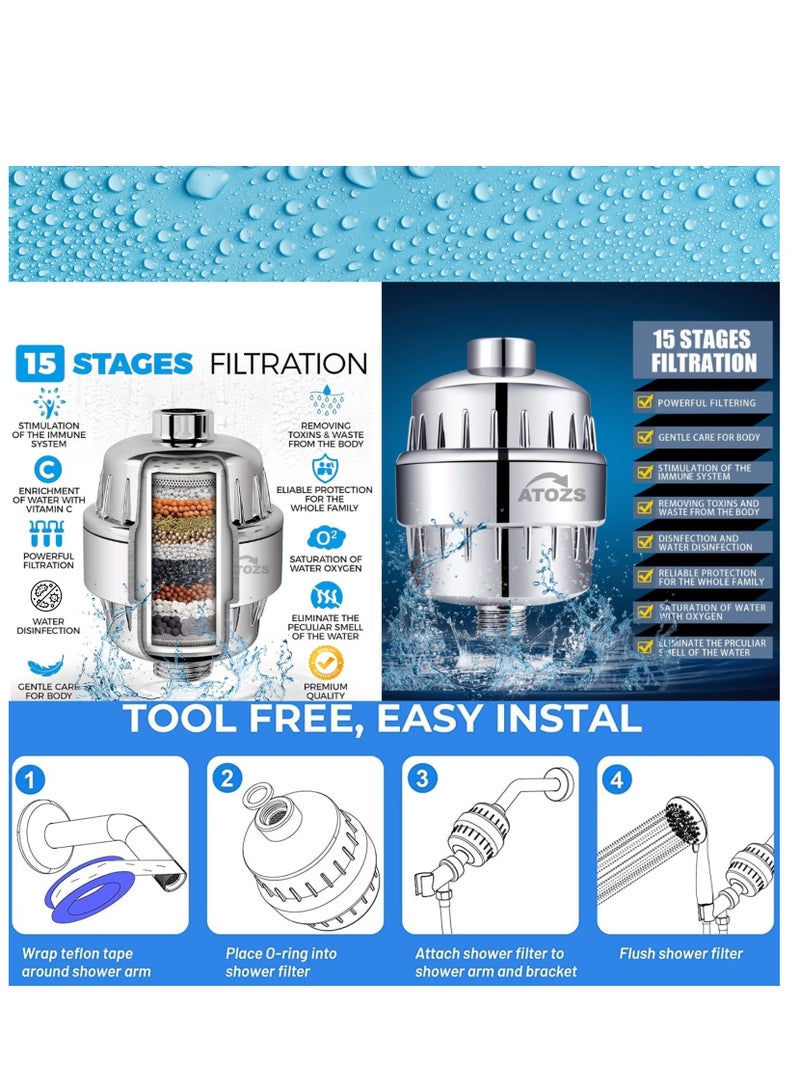 أتوزس فلتر دش ATOZS، فلتر دش 15 مرحلة للمياه العسيرة، فلتر رأس دش مضاد للشعر، فلتر تنقية المياه KDF يزيل الكلور والملوثات الضارة، يمنع تساقط الشعر، كروم - Image 2